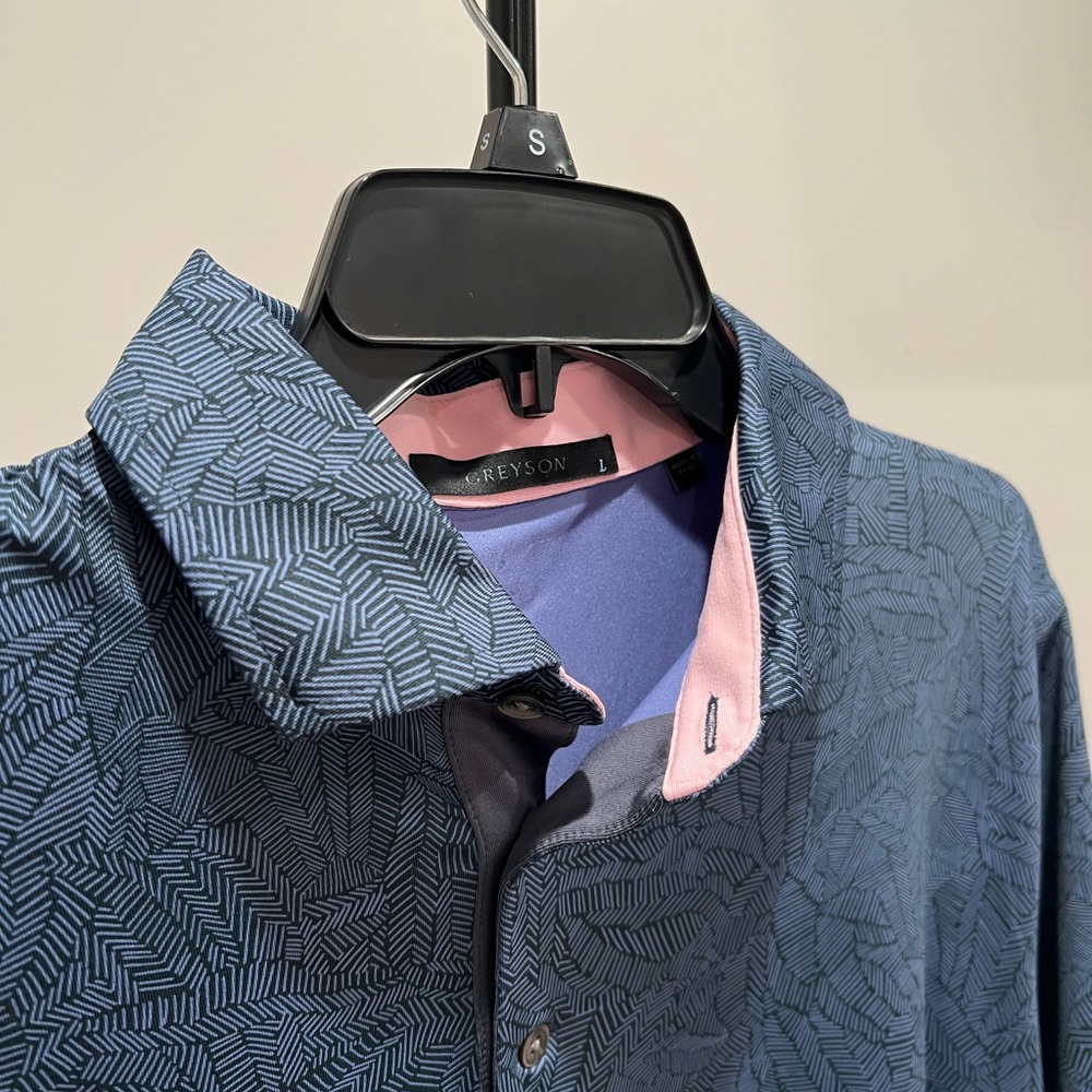 Greyson Polo Shirt Mens Large Blue/Pink Geo Print Golf Performance Stretch